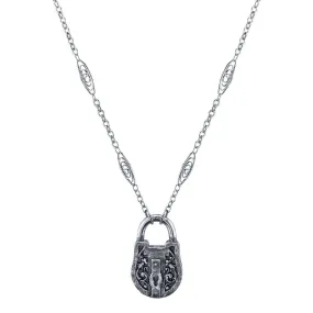 1928 Jewelry Antiqued Pewter Lock Pendant Necklace 30"