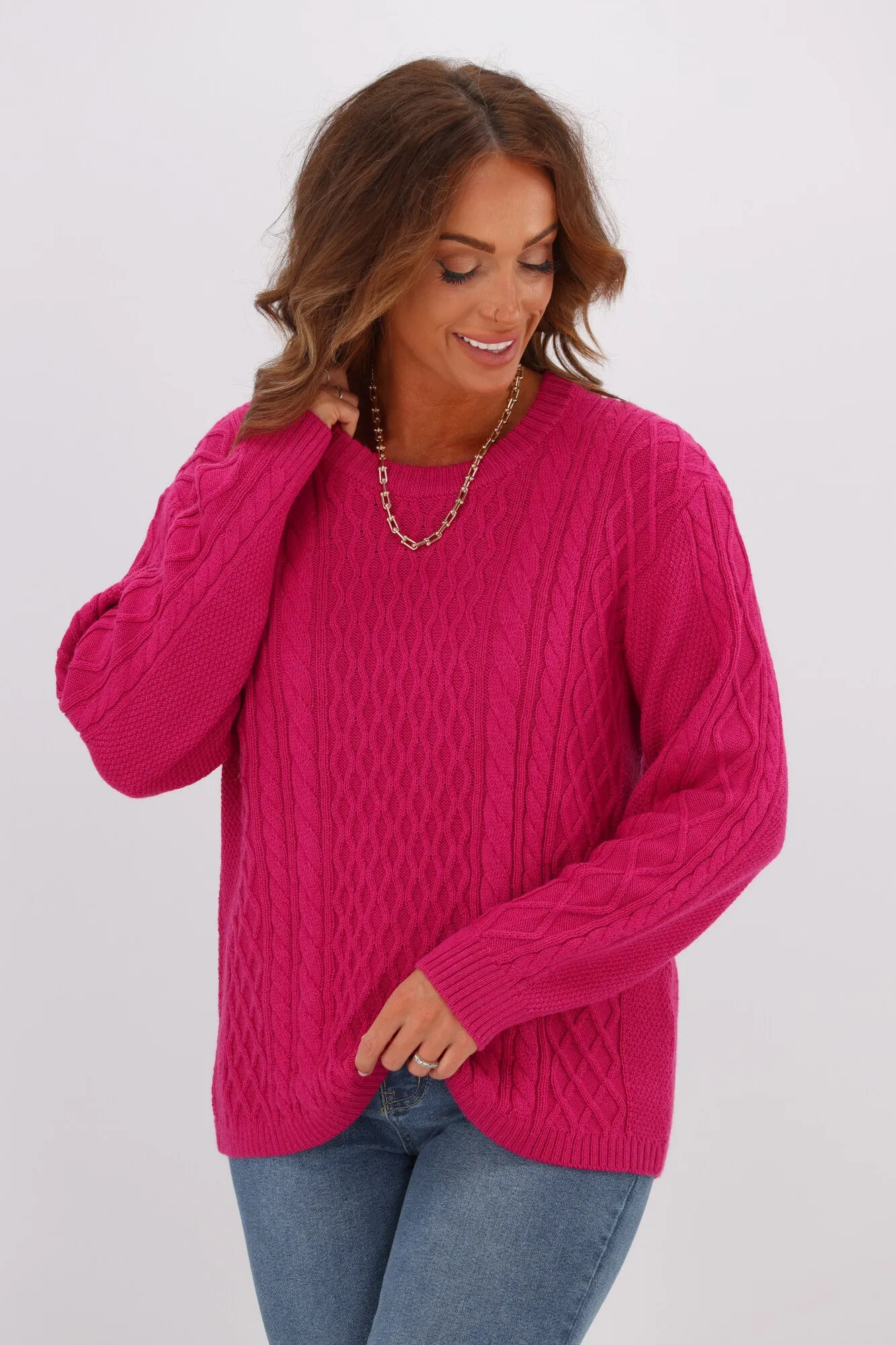 Alpine by Shine On Lucille Merino Cable Knit Jumper Pink