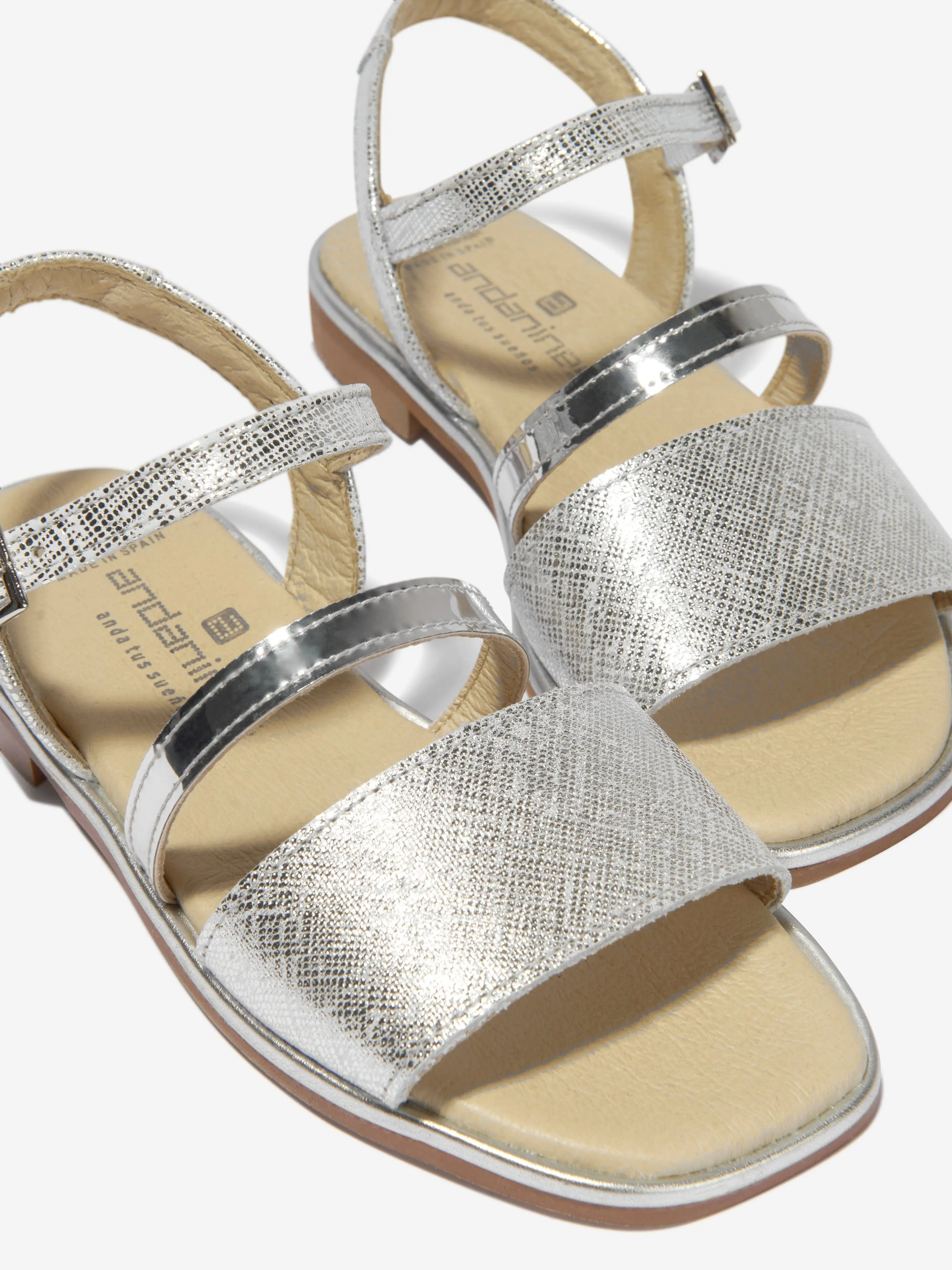 Andanines Girls Leather Strap Sandals in Silver