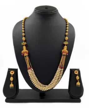 Designer Antique Gold Plated Long Golden Chains Pearls Beaded Necklace For Woman