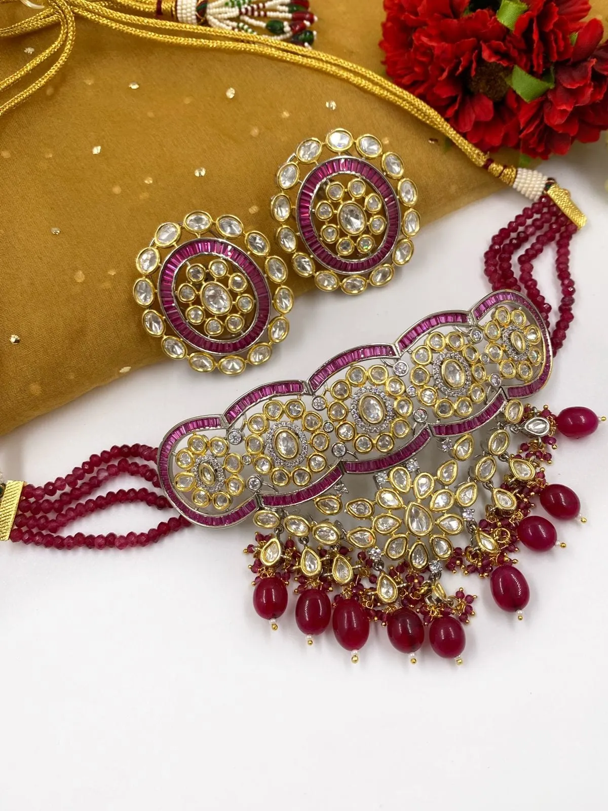 Designer Handcrafted Kundan Ruby Choker Necklace Set For Women By Gehna Shop