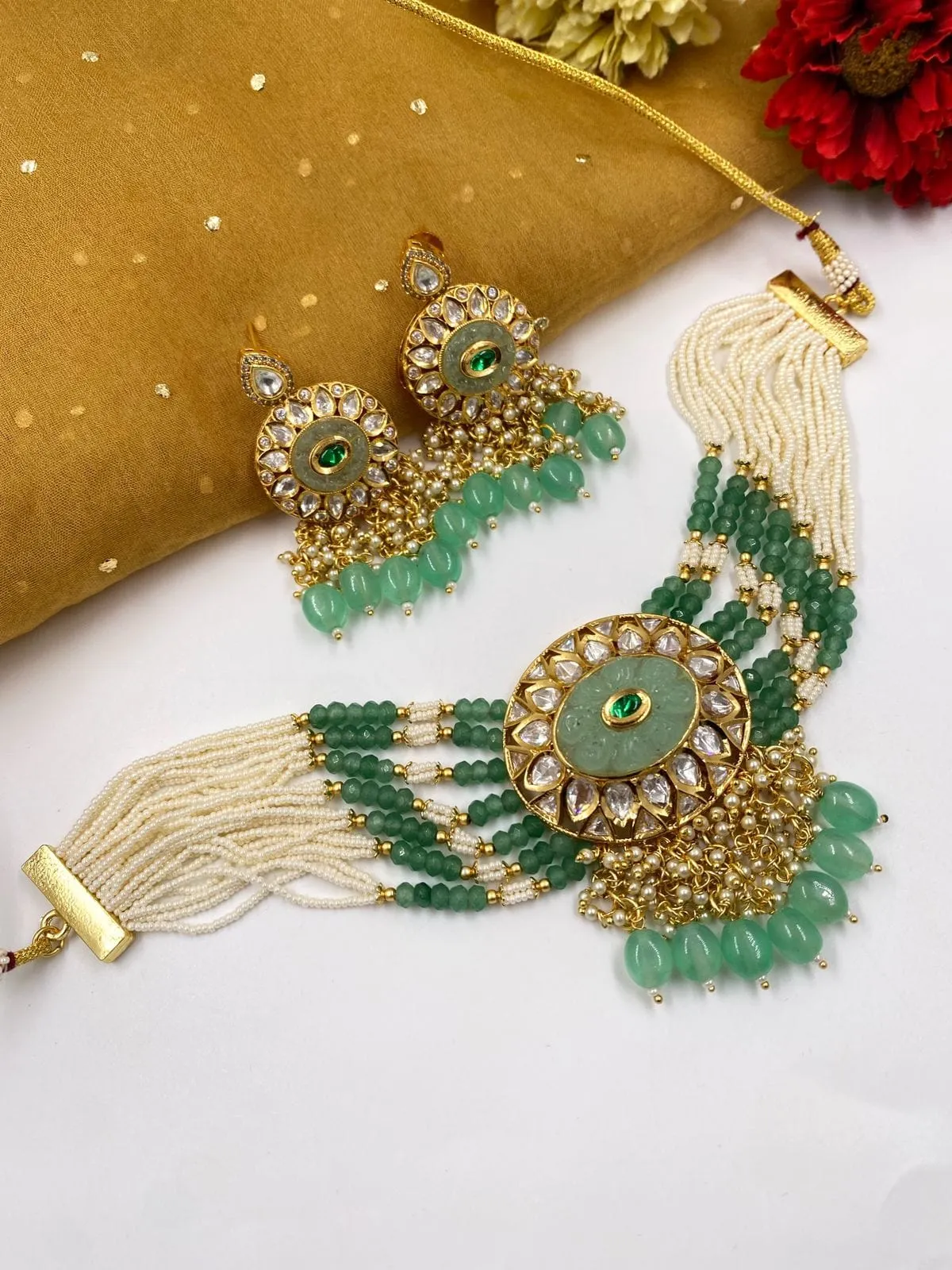 Designer Handcrafted Mint Green Stone And Pearl Statement Choker Set For Women By Gehna Shop