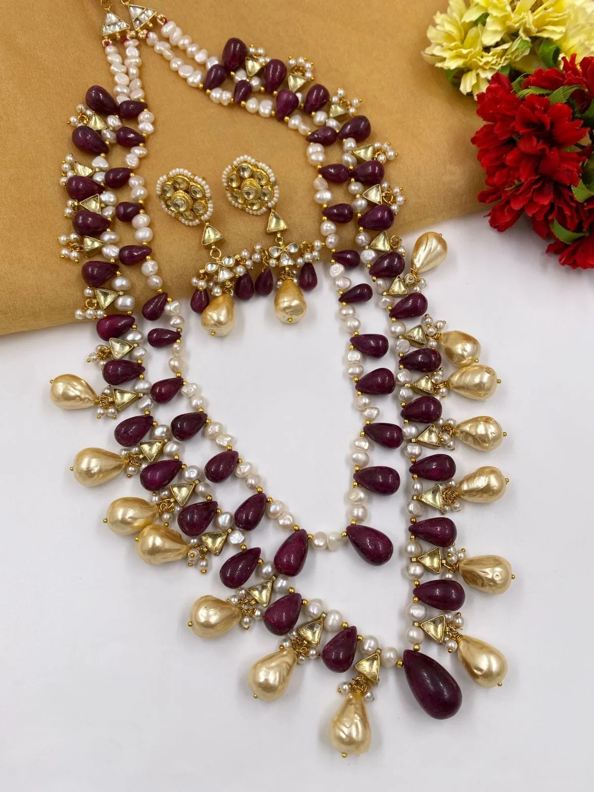 Designer Precious Real Ruby Drop Shape Beads Necklace With Baroque Pearls