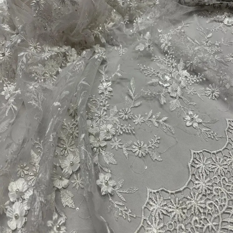 Fashion 3D Flowers Floral Beaded Lace Fabric