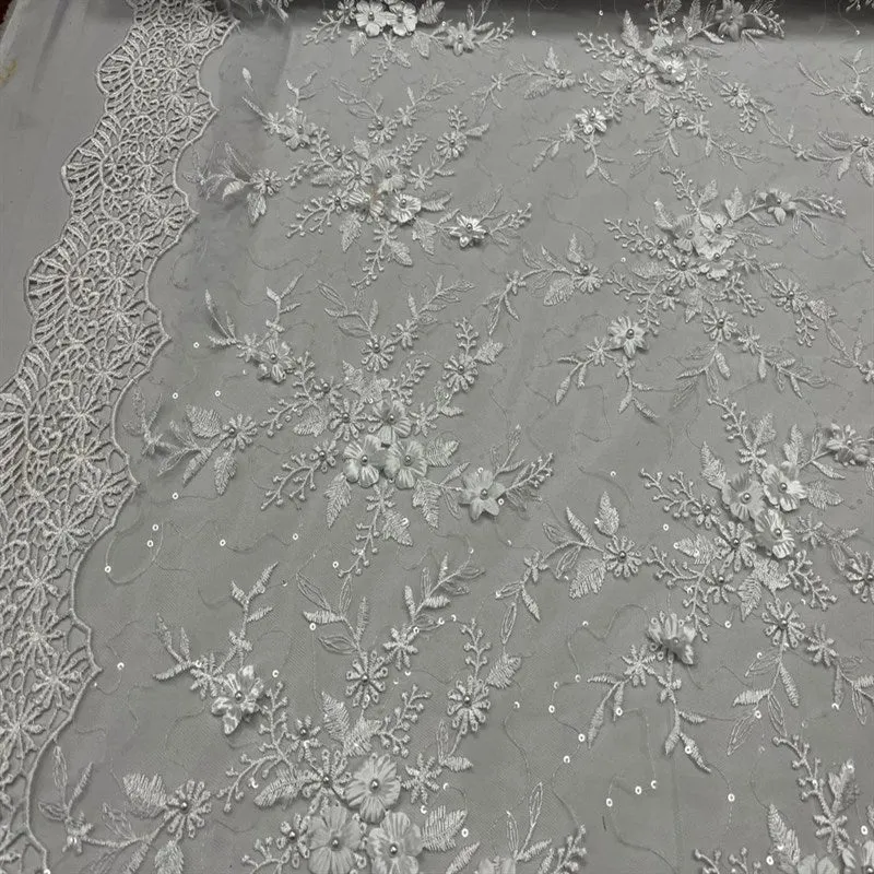 Fashion 3D Flowers Floral Beaded Lace Fabric