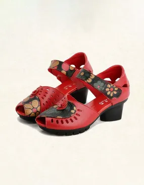 Fish-toe Printed Leather Ethnic Chunky Sandals