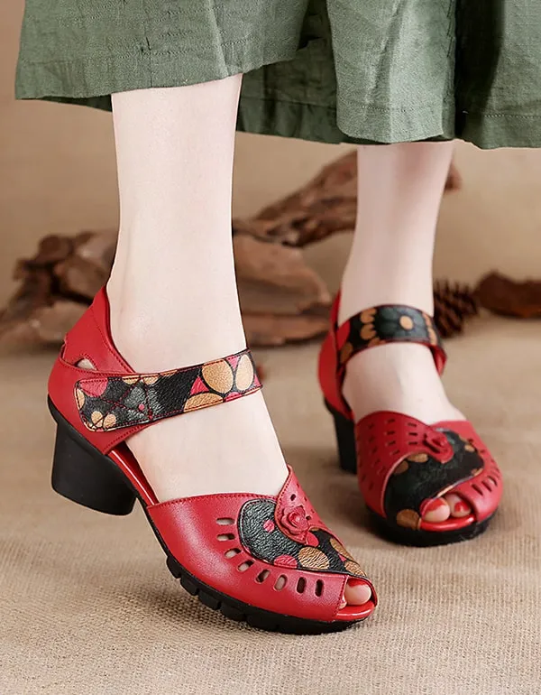 Fish-toe Printed Leather Ethnic Chunky Sandals