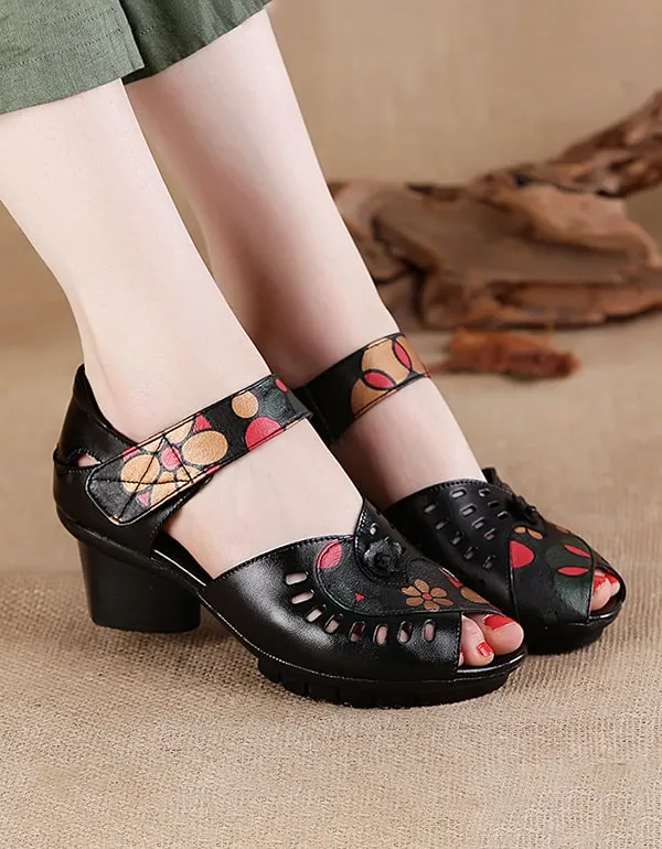 Fish-toe Printed Leather Ethnic Chunky Sandals