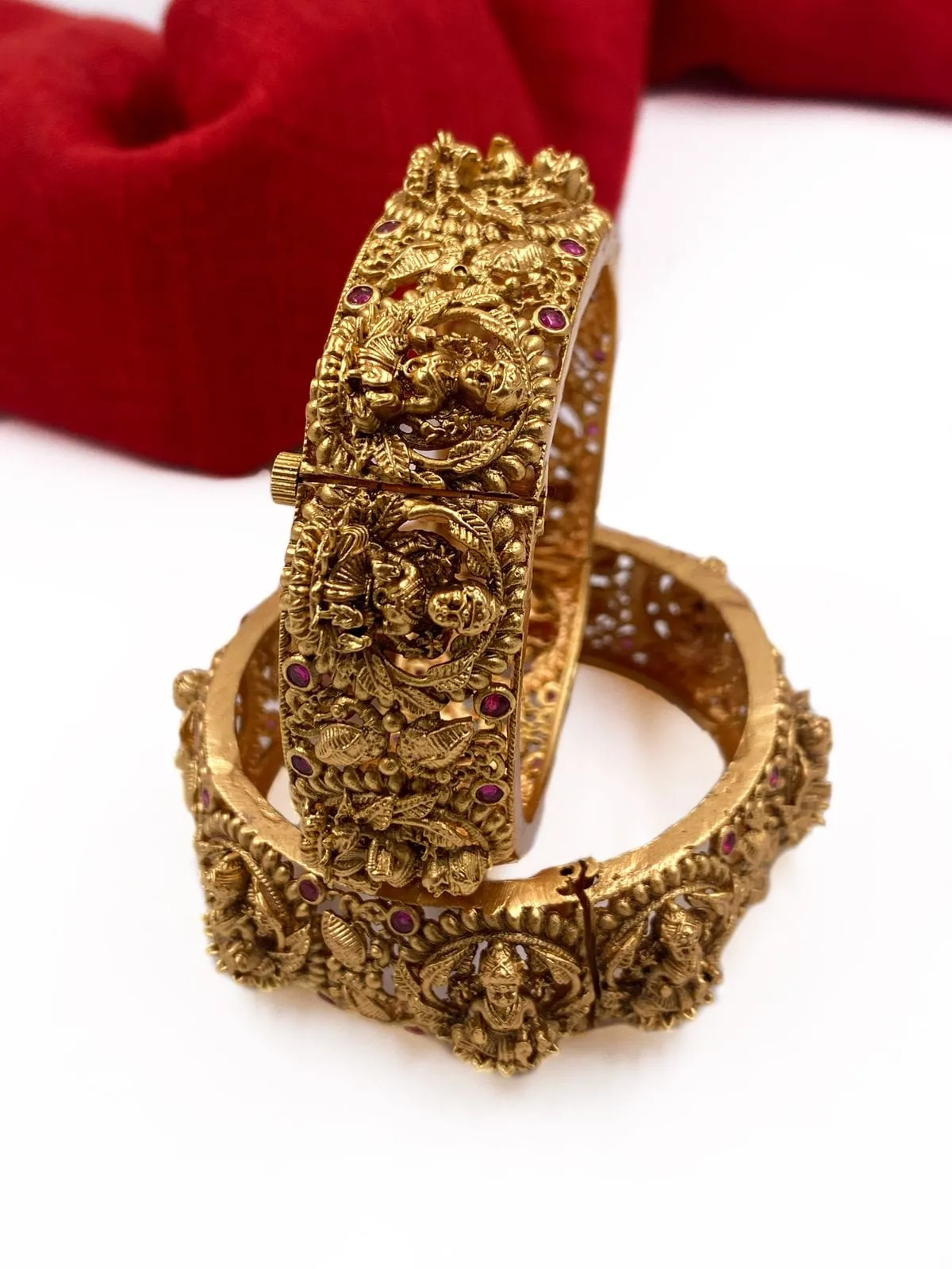 Gold Plated Antique Goddess Lakshmi Temple Design Bangles By Gehna Shop.