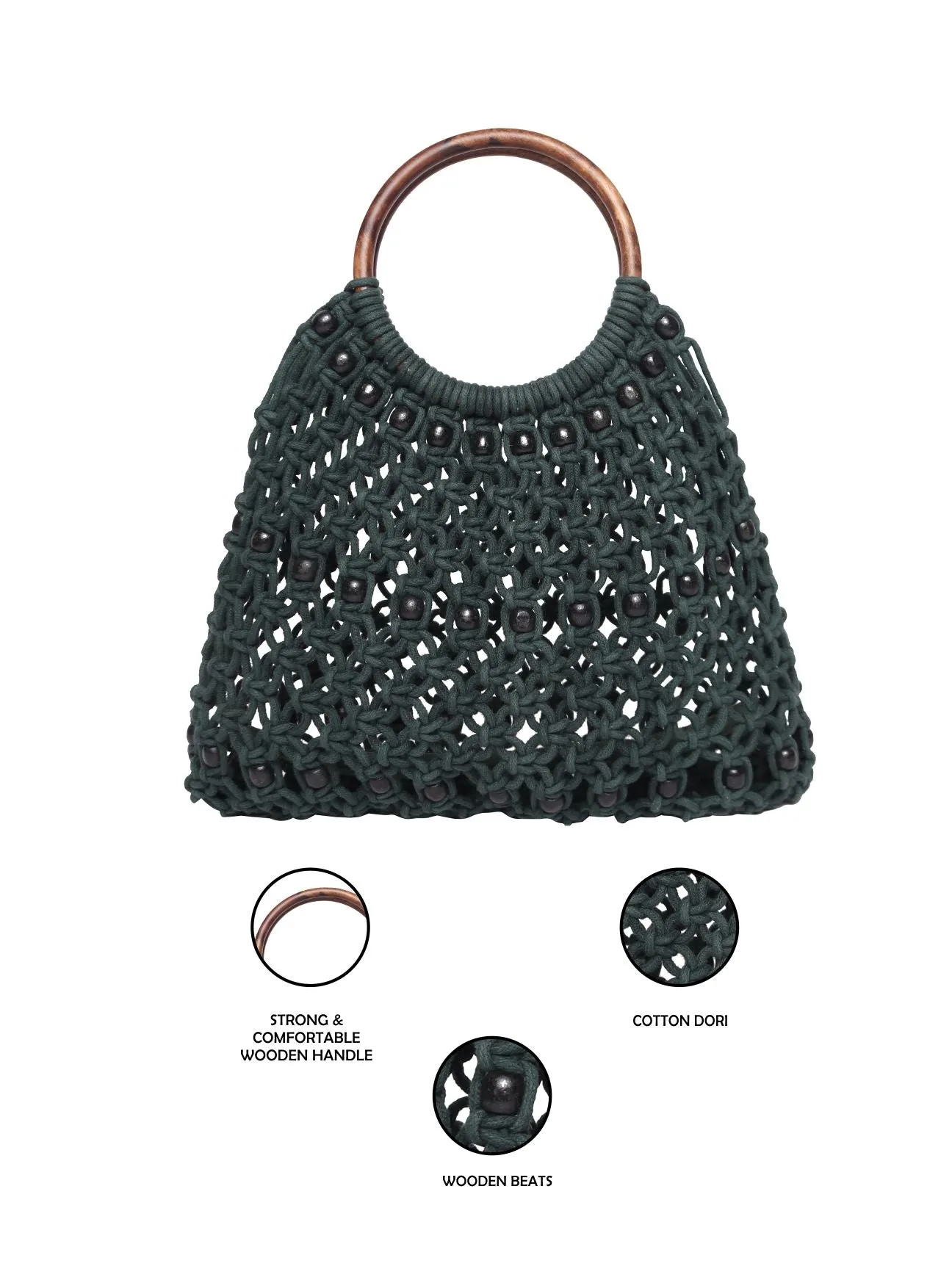 Green Macrame Bag With Wooden Handle