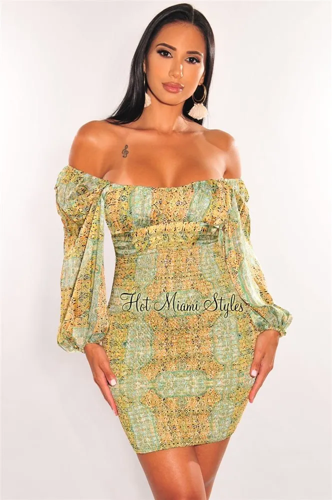 Green Print Off Shoulder Long Sleeve Smocked Dress