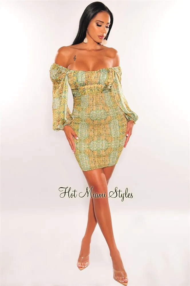 Green Print Off Shoulder Long Sleeve Smocked Dress