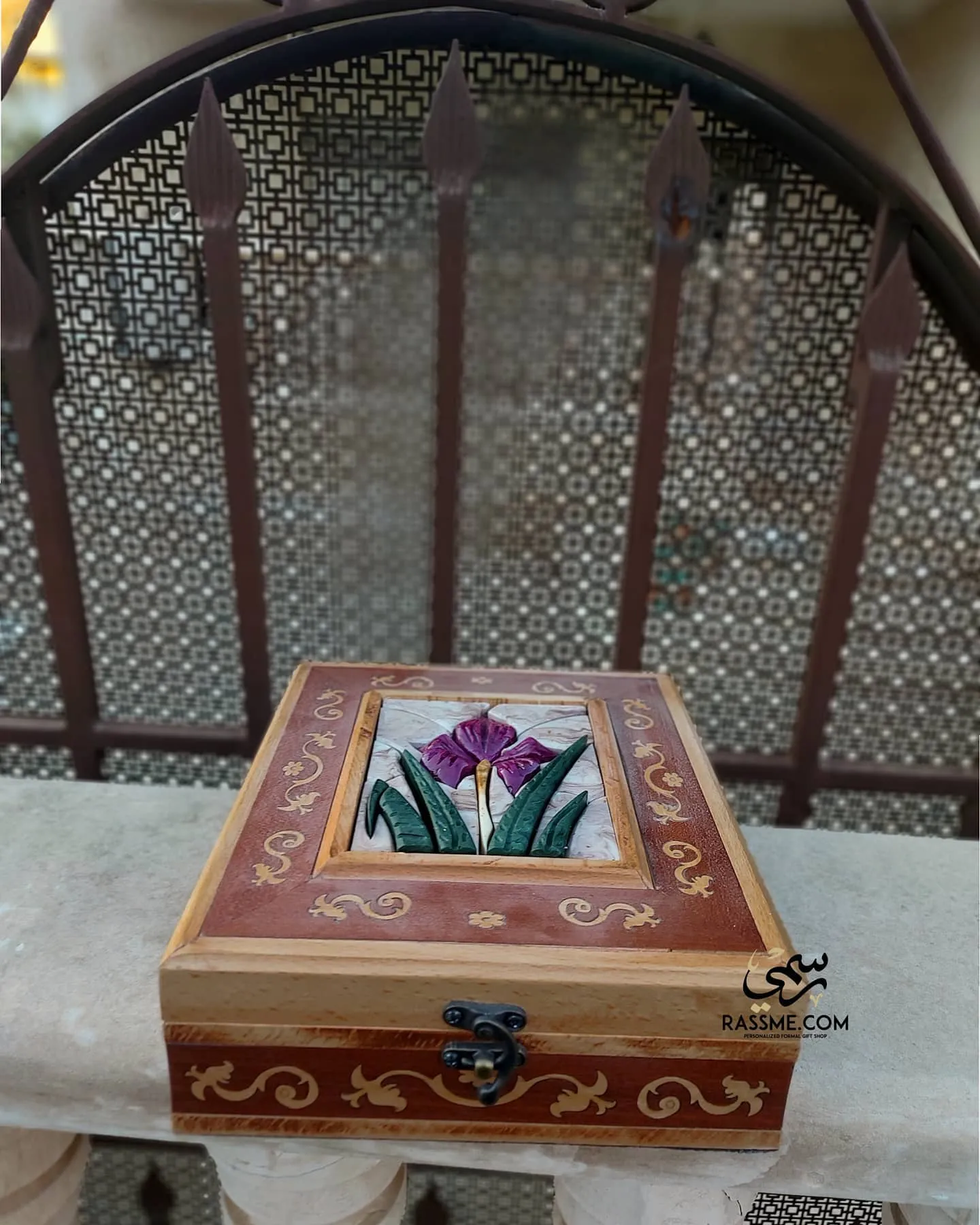 Handcrafted Wooden 3D Black Iris Mosaic Stones Box