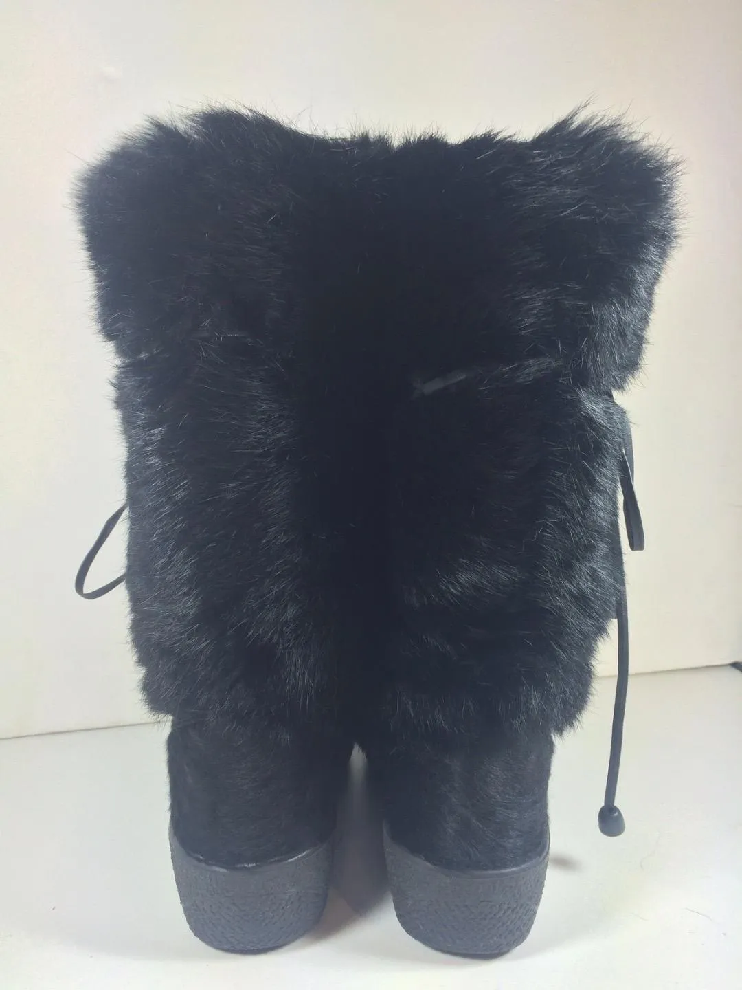 KRISTINA Black Fur Boots with Rubber Sole and Leather Ties Size 7 1/2