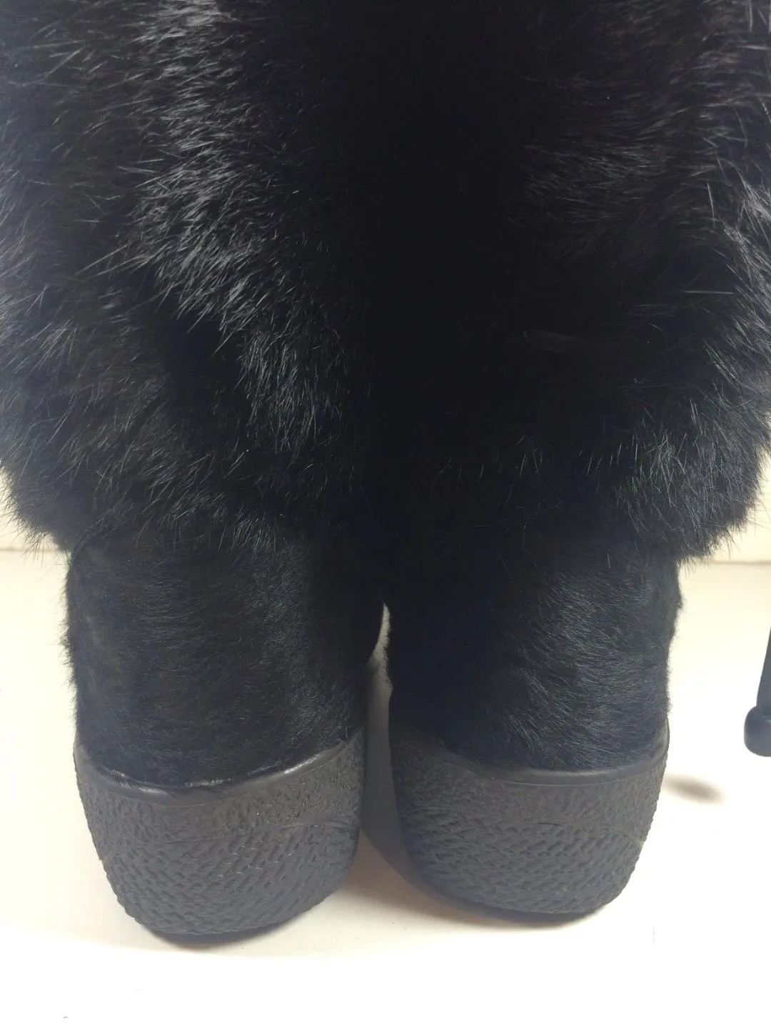 KRISTINA Black Fur Boots with Rubber Sole and Leather Ties Size 7 1/2