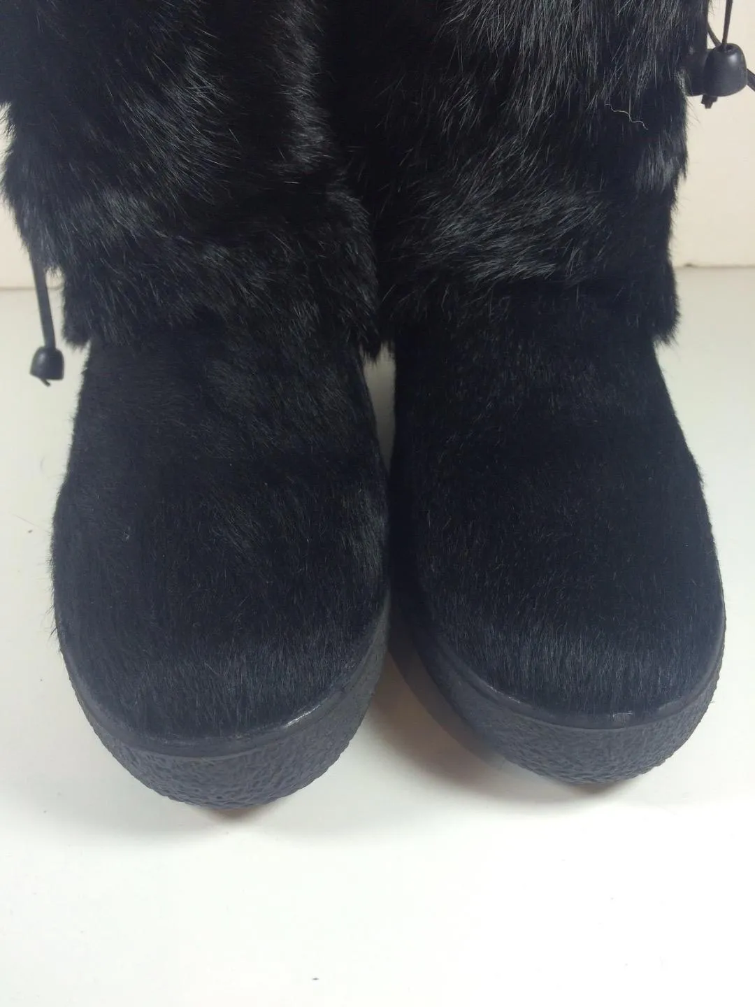 KRISTINA Black Fur Boots with Rubber Sole and Leather Ties Size 7 1/2