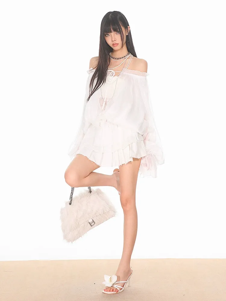 Off-Shoulder Tiered Ruffle Long Sleeve Top