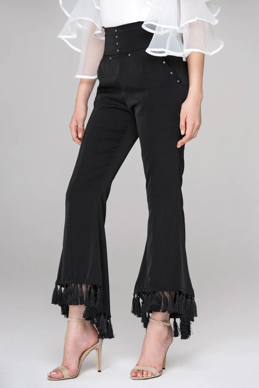 Rania Fawaz - Black Flare Tasseled Hem Trousers