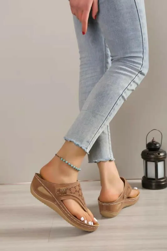 Tan Leather Platform Wedge Sandals in Roman Style with Floral Cutouts