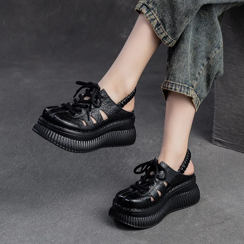 Women Retro Leather Lace-up Casual Platform Sandals